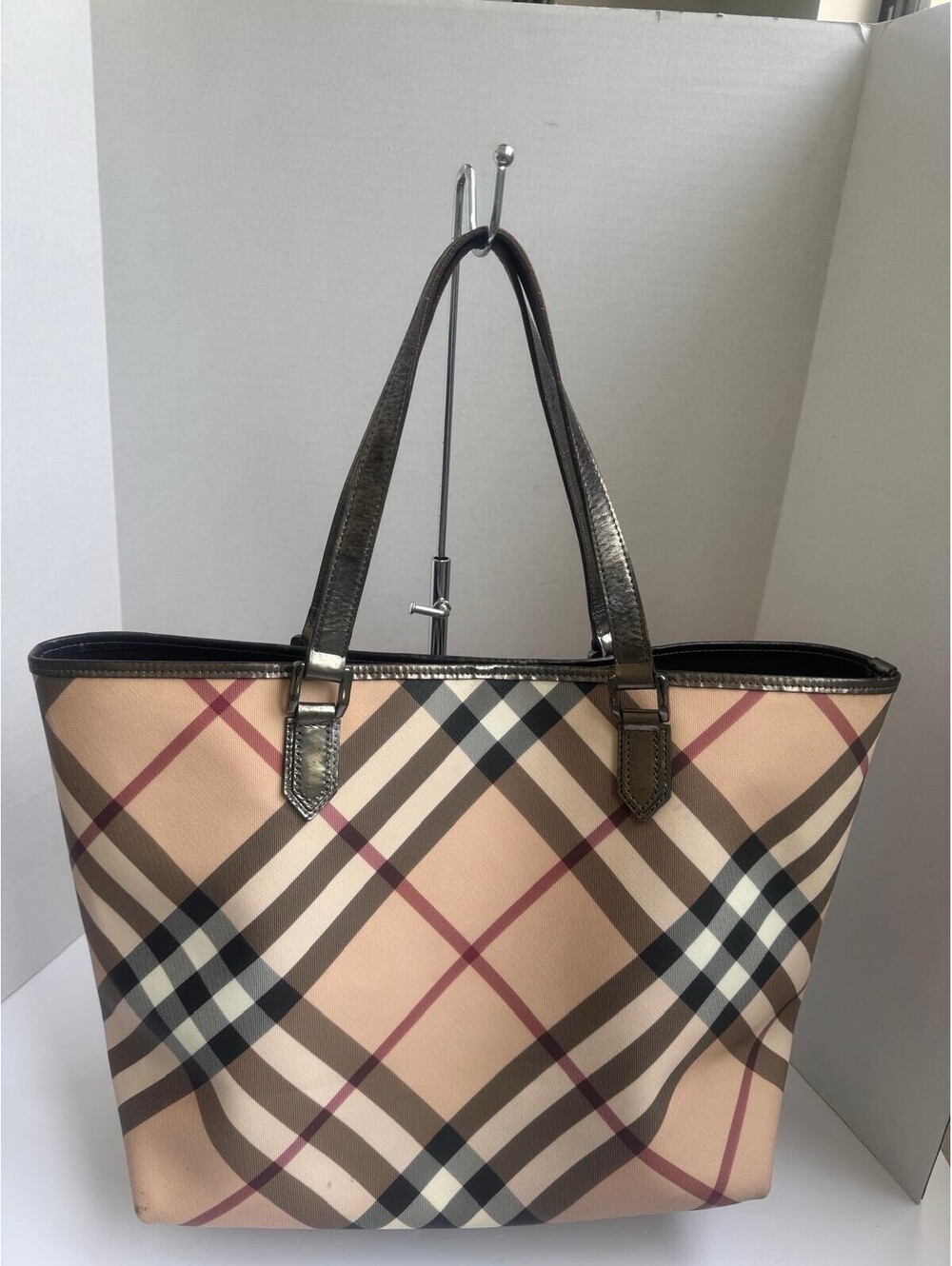 Burberry Supernova Check Large Nickie Tote — Coated Canvas & Patent Leather Trim